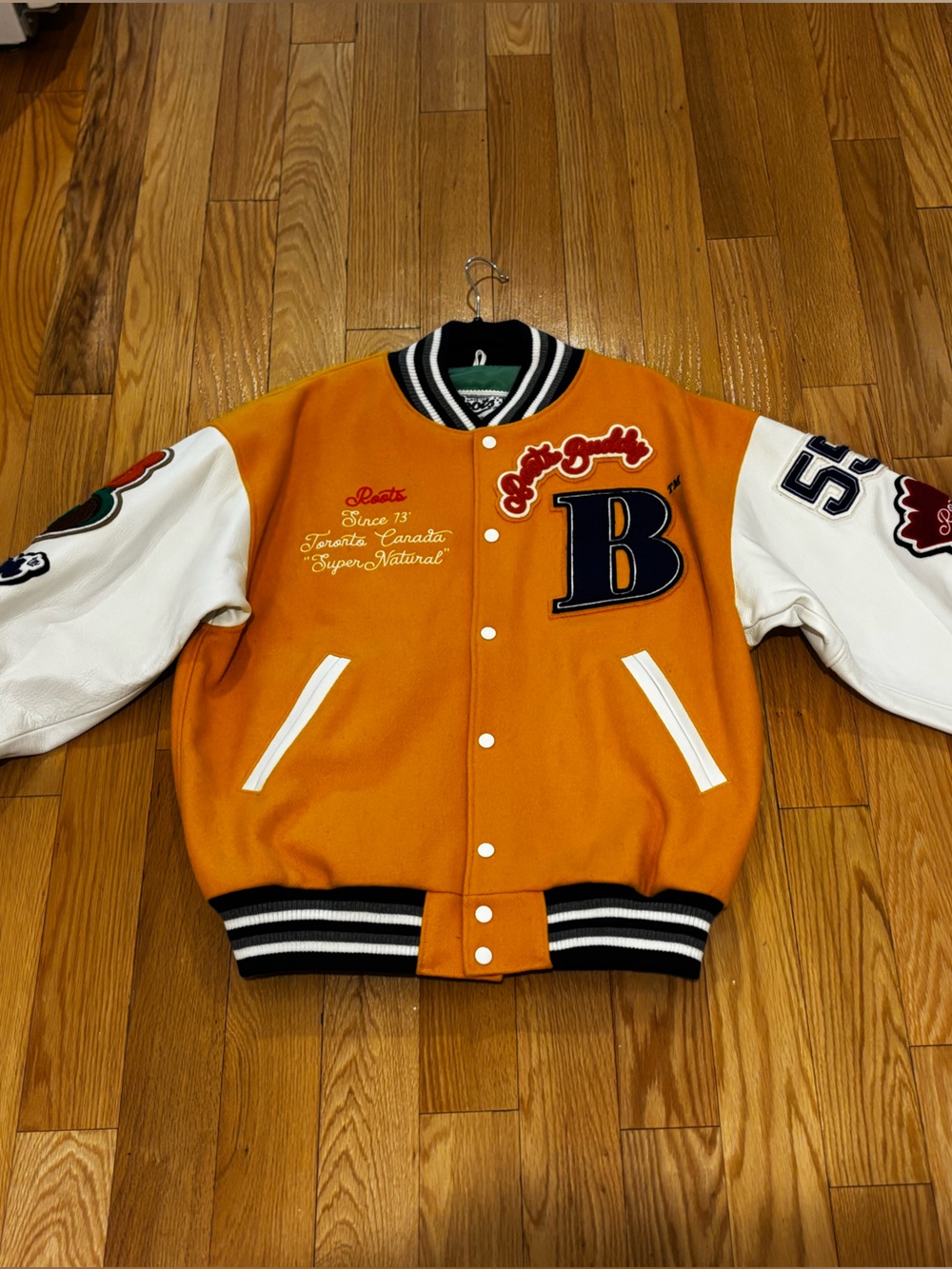 Roots x Better Gift Shop Varsity Jacket with White leather Sleeves